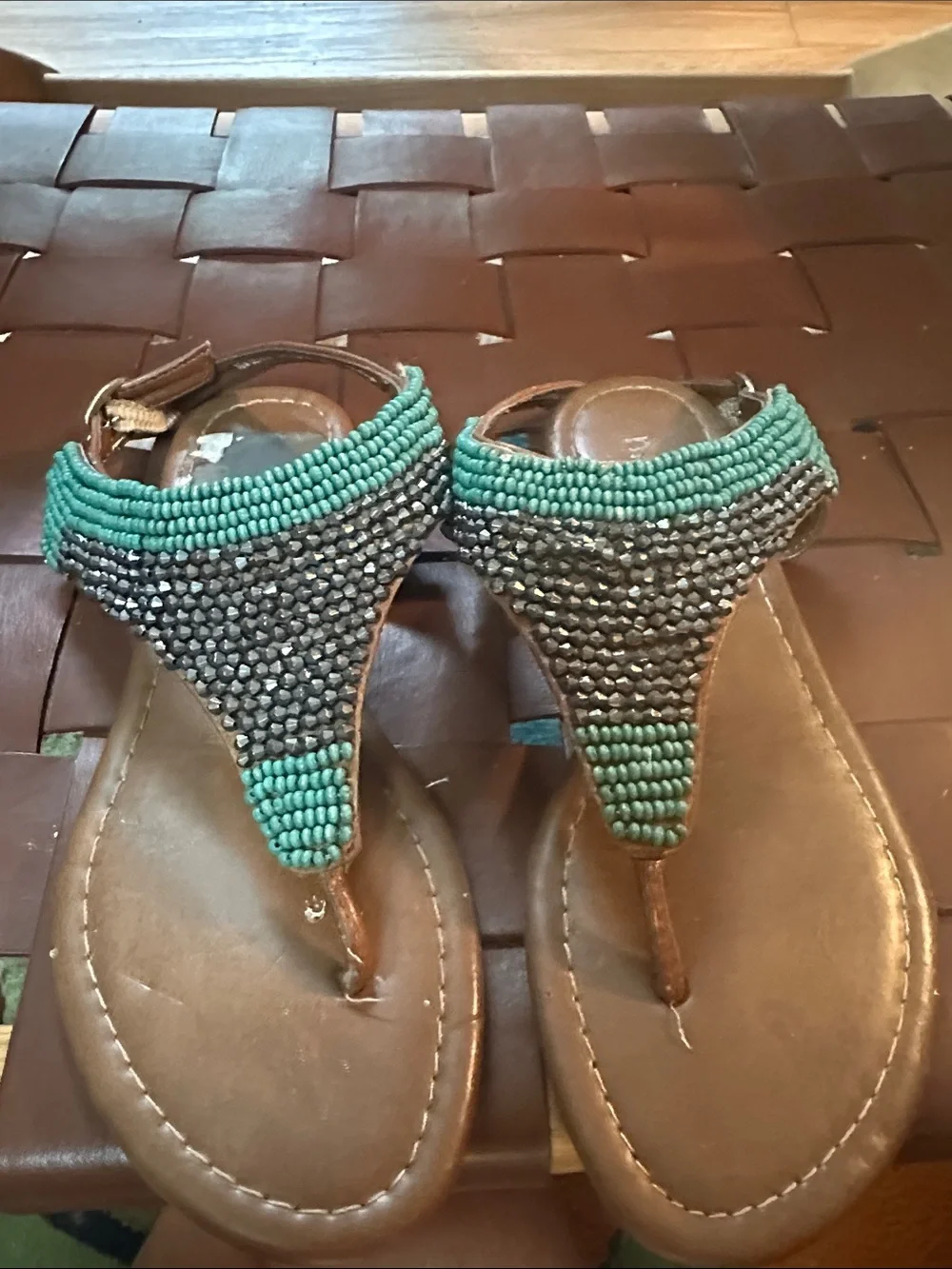 Nicole by Nicole Miller Brown Sandals with Teal Beaded T-Strap